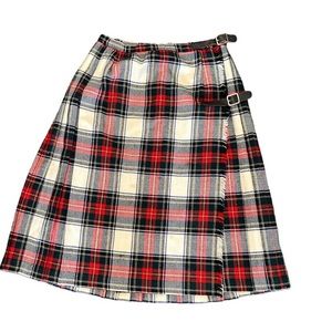 Vtg 60s 70s Pure Wool Wrap Kilt Skirt Red Tartan Plaid Fringed Mosbrook 26”